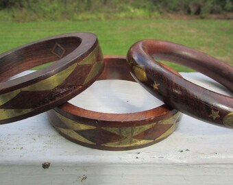 Hipster Vintage Brass and Wood Bangle Bracelets EVA GRAHAM Designer Midcentury Jewelry