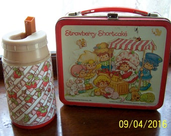 Vintage Strawberry Shortcake Metal Lunch Box and Thermos American Greetings 1981