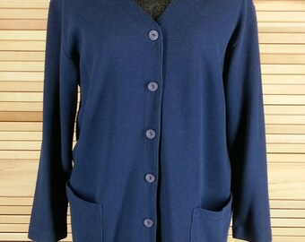 Vintage 90s navy blue cardigan sweater v neck long sleeves size S to M chest 42