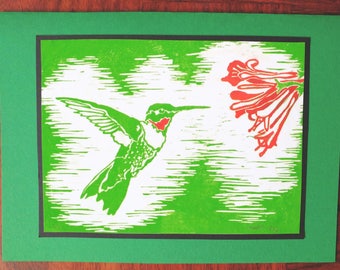 5 Handmade Hummingbird Cards (Red or Green)