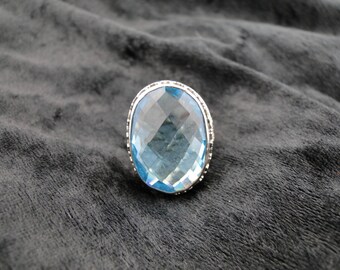 Large Swiss Blue Faceted Topaz Ring Sterling Silver