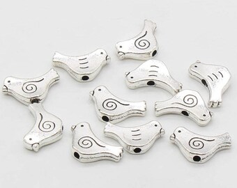 10 Pcs Bird Beads Bird Spacer Beads Antique Silver Tone 9x15mm - B02