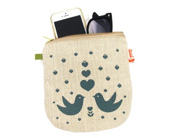 Dark Teal Print Lovebirds Linen Zipper Pouch