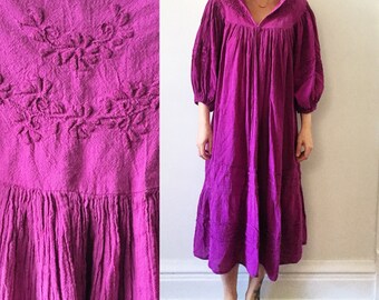 Vintage Indian cotton Dress w/ Embroidery, Embroidered Cotton Midid Dress