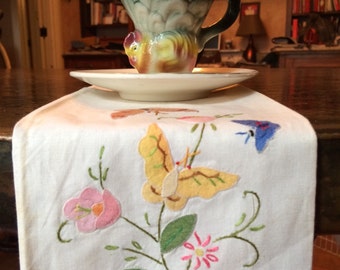 Vintage Cotton Tea Towel Embroidered Butterflies and Flowers