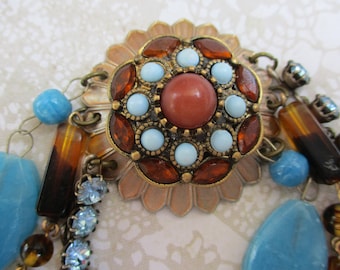 Boho bracelet turquoise with rhinestones blue brown hippy jewelry handmade
