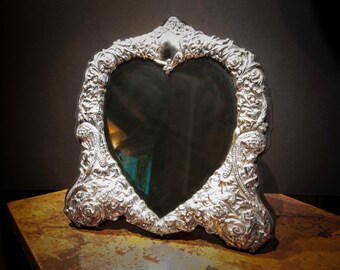 Large Ornate Repousse Sterling Silver Dressing Mirror from England