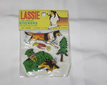 one pack of 4 vintage 1970s lassie three dimensional puffy stickers pack