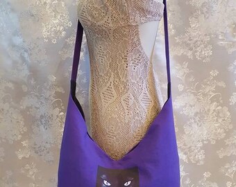 Medium V Hobo Bag - Purple with Black Cat Wearing Pentagram Collar