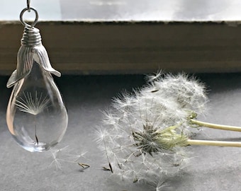 Dandelion Necklace, Wish Necklace, Nature Necklace, Dandelion Seed Necklace, Dandelion Pendant, Glass Vial Necklace, Glass Teardrop Necklace