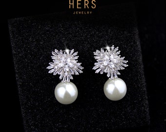 Elegant Bridal Wedding & Party pearl earring jewelry in 925 silver with Zircon