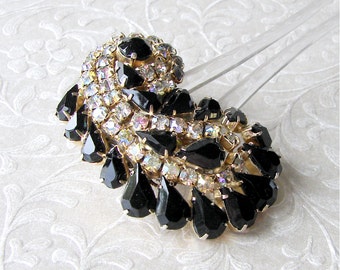 Black Wedding Gothic Bride Vintage Jewelry Rhinestone Hairpiece Jeweled Hair Comb Aurora Borealis ForkPageant Ballroom Prom Bohemian Chic