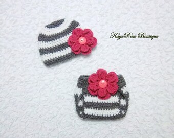Newborn Baby Girl Crochet Flower Hat and Diaper Cover Set Pink Gray and White Stripes