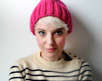 Hand Knitted Beanie - Neon Pink
