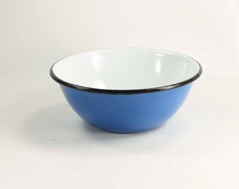 Vintage Blue Enamelware Bowl with Black Rim and White Inside