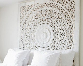 Carved Teak Wall Hanging Bed Headboard - unique white washed finish - 180 cm x 180 cm x 3cm (extra thick teak wood)