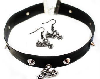 Cruiser Girl Biker Chick Black Choker & Earrings Set