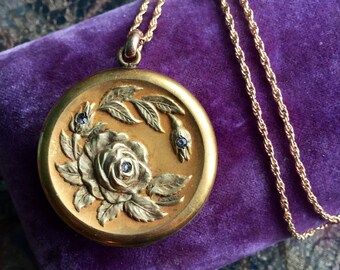 Rose Flower Locket Necklace - Repousse Locket - Art Nouveau Locket - Gold Filled Locket - Wedding Locket - Watch Chain