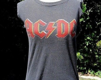Vintage 80s ACDC Back In Black Rock Concert Tour T Shirt RARE Tank Top Cut Off S