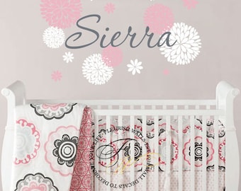 Name Wall Decal Girl - Dahlia Flower Wall Decal Stickers - Baby Girl Nursery Decal - Girl Name Decal - Personalized Vinyl Wall Decal GN062