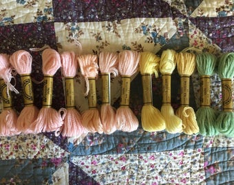 Paternayan Wool Tapestry Thread - 12 total Skeins - Pink, Yellow and Green Skeins - Johnson Craft Yarn - Persian Wool Yarn - 8 Yard Skeins