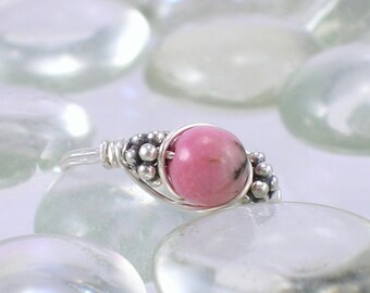 Rhodonite Sterling Silver Bali Bead Ring - Any Size