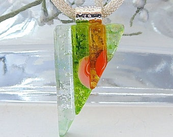 Green Necklace, Orange, Petite, Dichroic Glass Pendant, Fused Glass Jewelry, One of a Kind, Murrini, Necklace Included, A13