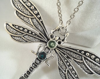 Long Dragonfly Necklace - Green Dragonfly Jewelry - Green Crystal Necklace - Long Dragonfly Pendant Necklace - Dragon Fly Jewelry