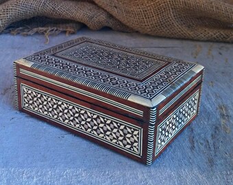 Micro Mosaic Box, Vintage Jewelry Box, Moroccan Wood Box, Marquetry Box, Collector's Box Islamic Pattern, Ottoman Brown Beige Trinket Box