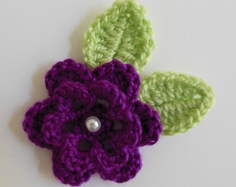 Crocheted Flower with Leaves - Magenta and Green - Acrylic Yarn Embellishment - Flower and Leaves Appliques