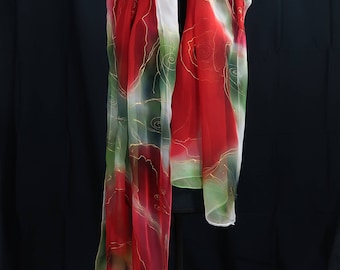 Red-chiffon silk-180x55 cm-Franz. Silk Paint-Steam fixed-hand signed unique gift for you