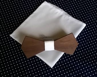 JUST MARRIED or almost Duo Pocket square in white taffeta with his bow tie made from walnut. Free shipping. Wedding