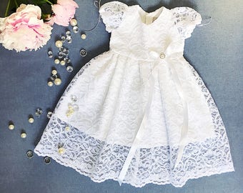 Adorable baptismal dress, organic cotton christening dress, christening gown, lace baby girl's baptism gown, white church dress, lace dress