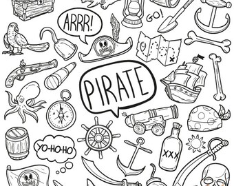 Pirate Adventure Objects Doodle Icons Clipart Scrapbook Set