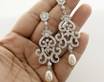 Chandelier Bridal Earrings, Crystal Chandelier Earrings, Vintage Style, Pearl Drop Earrings, Wedding Jewelry, Stephanie