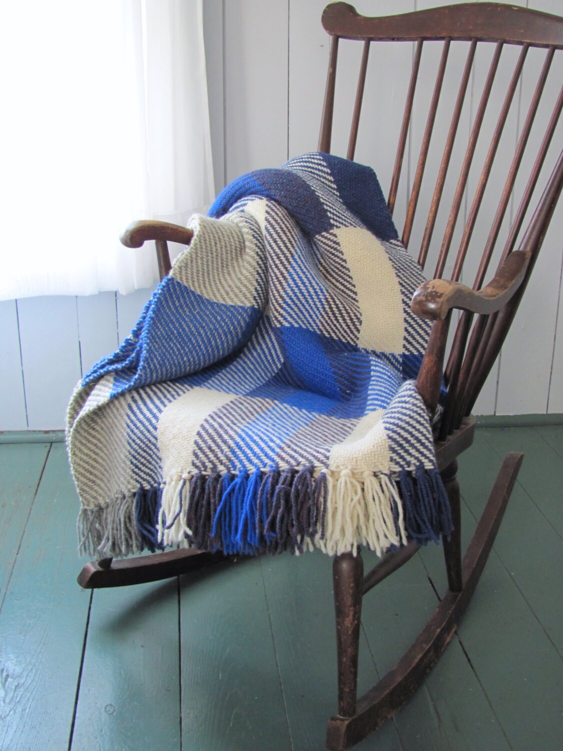 Coastal Beach Decor Ocean Blue Plaid Woven Wool Couch Throw