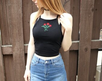 Triple Rose Black Crop Top - woman’s crop top, rose halter top, rose crop top