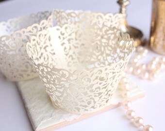 Ivory Lace Filigree Cupcake Wrappers for MINI or Standard Cupcakes, Shimmer Ivory/Off White Laser Cut Lace Cupcake Liners - Set of 12