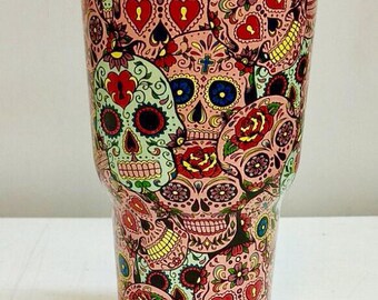 Sugar Skulls RTIC Tumbler Cup Stainless Steel Day of the Dead Hydrodipped FREE SHIPPING!