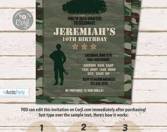 Military Party Invitations - Army Birthday - Camo Invitations - Military Invitation - Military Birthday Party Invitation - INSTANT ACCESS!