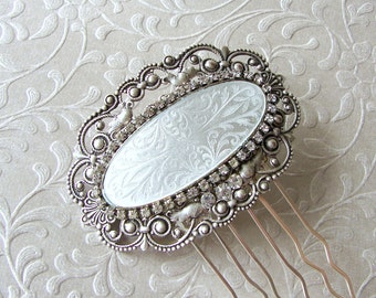 White Wedding Hair Comb Rhinestone Hairpiece Vintage Guilloche Enamel Headpiece Victorian Style Bridal Ballroom Pageant Jewelry Accessory