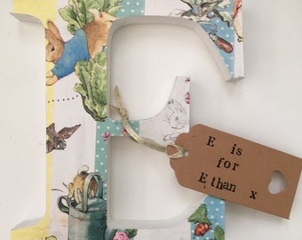 Peter Rabbit Nursery any wooden letter . Freestanding 15cm (6") hand painted and decoupaged letter of choice with personalised tag.