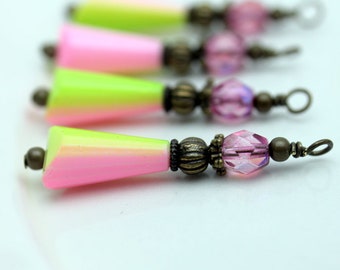 Vintage Style Pink and Lime Teardrop and Clear Pink Czech Crystal with Brass Bead Dangle Charm Drop Set