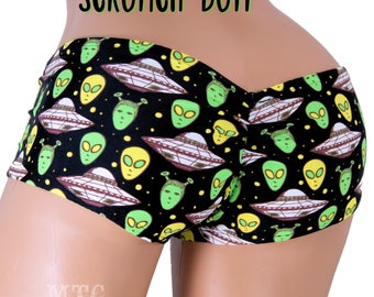 Neon Green Alien Spaceship Scrunch Low Rise Butt Booty Shorts Adult XS Xsmall- MTCoffinz - Ready to Ship