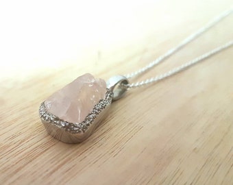Sri Lankan Raw Rose Quartz Pendant Necklace with 24" 925 Silver Silver Chain