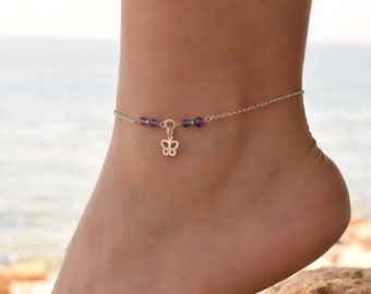 Butterfly Anklet, Anklet, Sterling Silver Anklet, Silver Ankle Bracelet, Beaded Anklet, Silver Anklets for Women, Body Jewelry
