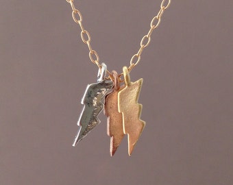 Three Tiny Lightning Bolt Necklace Gold Silver or Rose Gold