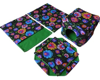 Rat hammock set - 4 hammocks: cube, honeycomb, pocket, rectangle. Green and flowers. Hammocks for rodents, pet rat accessories.