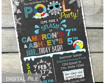 Joint Winter Pool Birthday Party Chalkboard Invitation Snow Indoor Pool Party - Boy Girl Twins Siblings - DIGITAL Printable Invite - 5” x 7”