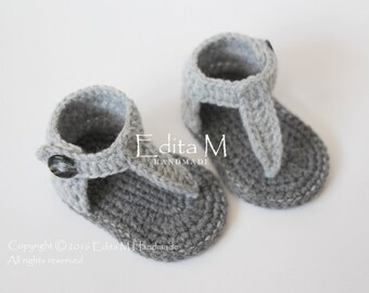 Crochet baby sandals, baby gladiator sandals, booties, flip flops, unisex baby shoes, slippers, grey, gray, baby shower, gift for baby